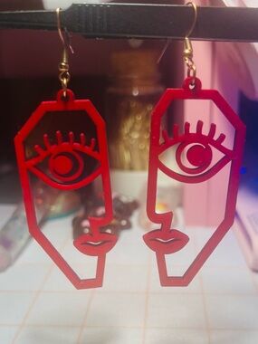 Red Abstract Face Dangle Earrings